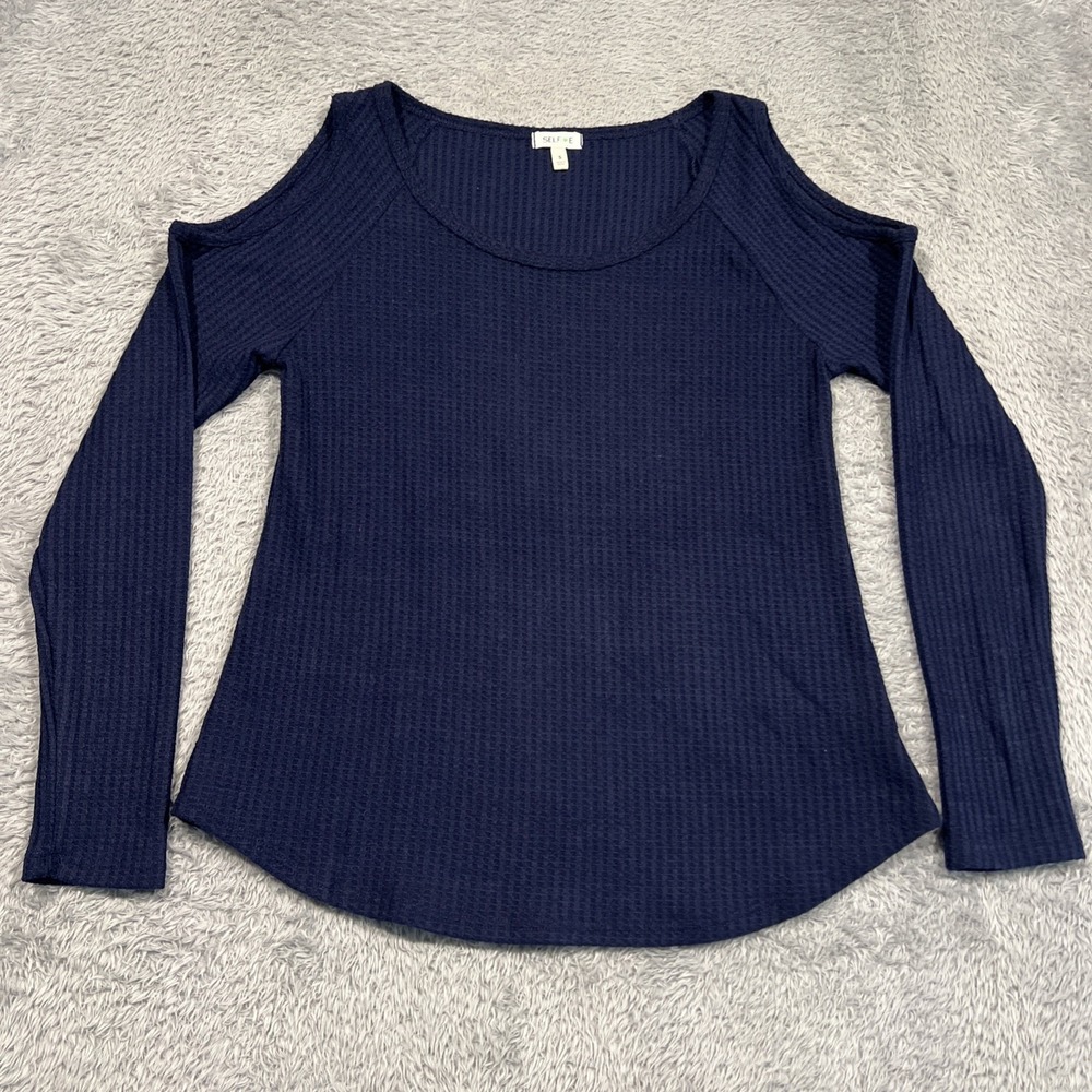 SELF-E Cold Shoulder Waffle Knit Long Sleeve Top Navy Blue Womens Size S